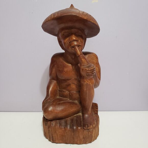 Wooden Folklore Hand Carved Asian Man Hat Pipe 11" Tall Home Decor - Picture 1 of 10